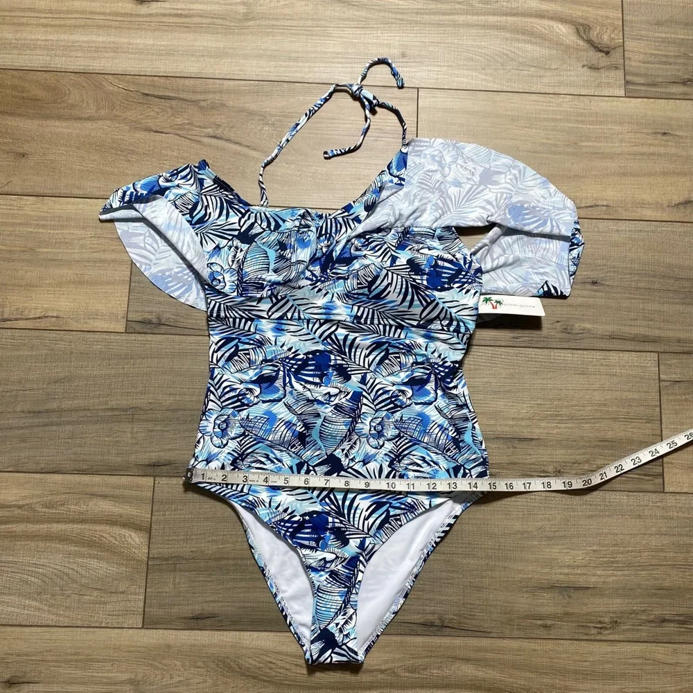 Stylish Swimwear Womens One Piece Floral Ruffle Halter Swimsuit Size‎ L Blue
